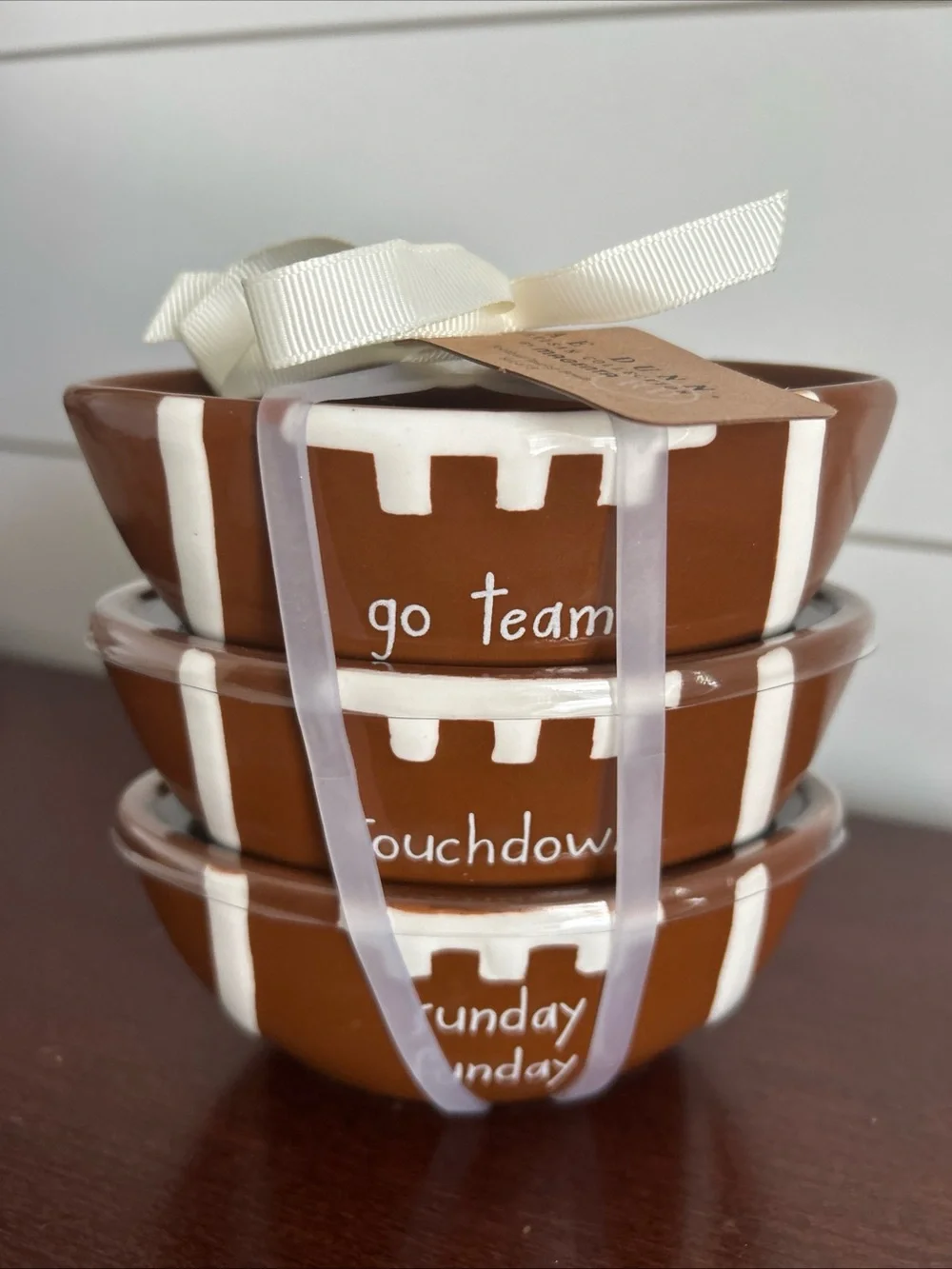 Rae Dunn Brown and White Football Stackable Dip Bowls